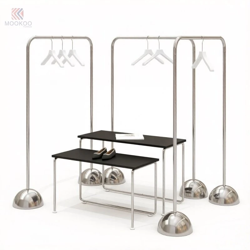 MOOKOO Customized Stainless Steel Clothing Display Rack Set Easy Assembly Modern Boutique Retail Counter Tiered Design Silver high quality